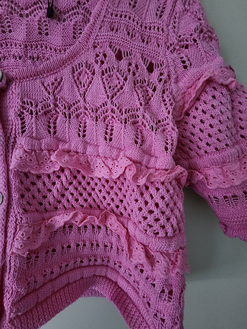 Zara Pink Crochet Button-Front Cardigan with Ruffle Detail - Picture 2 of 3